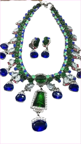 Blue Rhinestone Necklace and Earrings Set with Gemstone Accents
