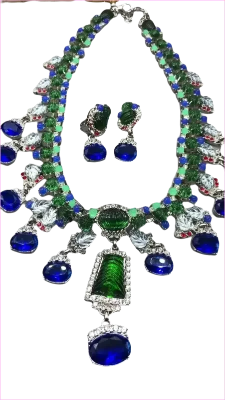 Blue Rhinestone Necklace and Earrings Set with Gemstone Accents