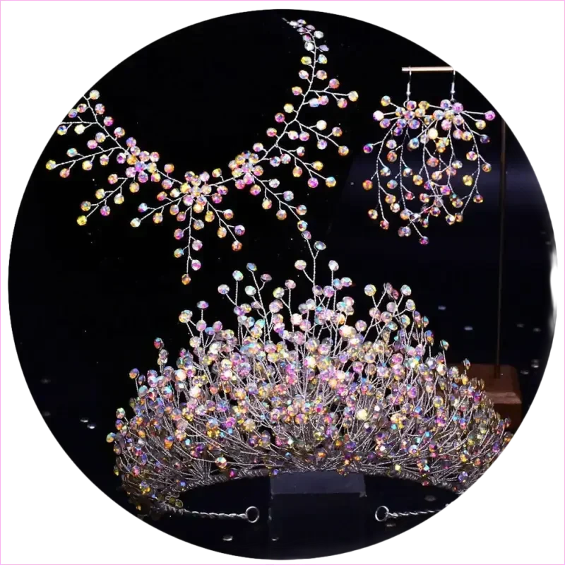 Bridal Headdress Crown Set with Colored Diamond Necklace and Earrings