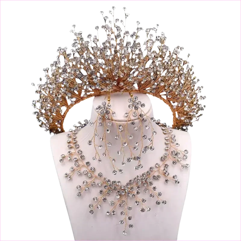Bridal Headdress Crown Set with Colored Diamond Necklace and Earrings