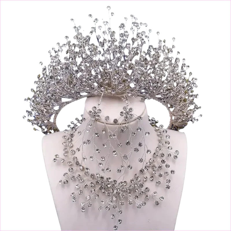 Bridal Headdress Crown Set with Colored Diamond Necklace and Earrings