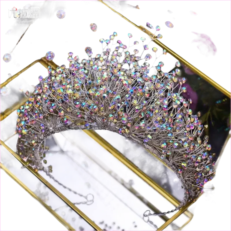 Bridal Headdress Crown Set with Colored Diamond Necklace and Earrings