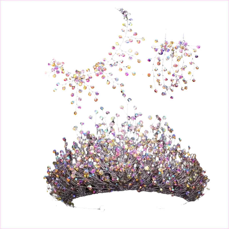 Bridal Headdress Crown Set with Colored Diamond Necklace and Earrings