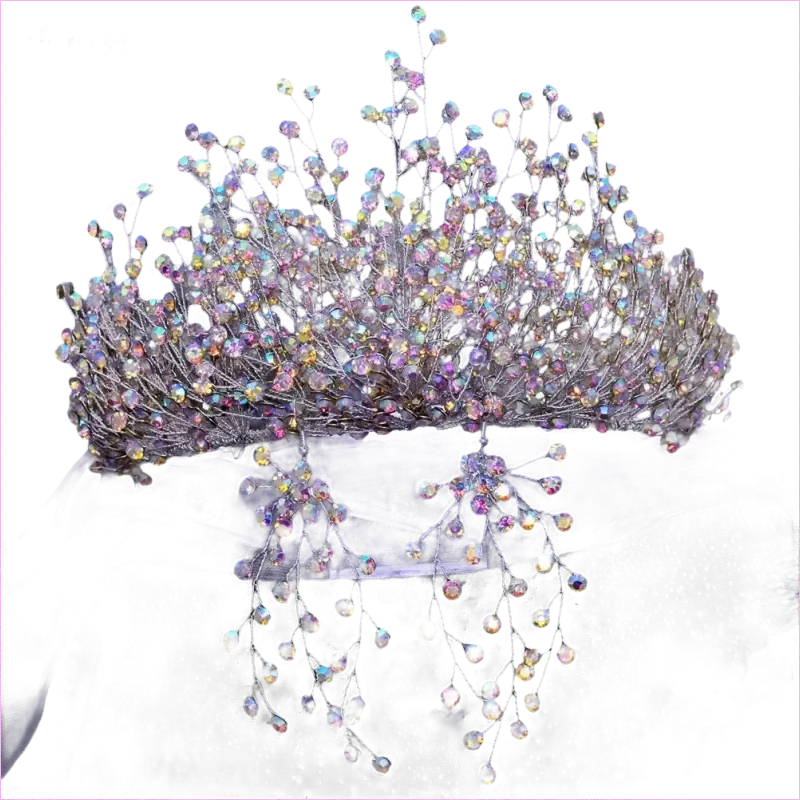 Bridal Headdress Crown Set with Colored Diamond Necklace and Earrings