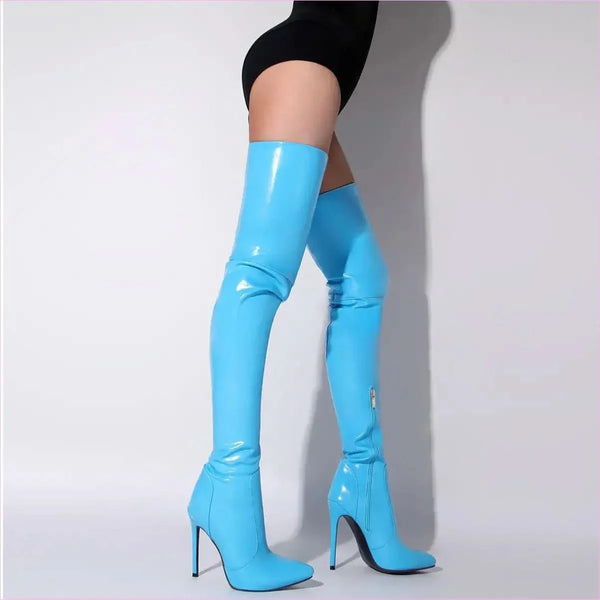 Bright Blue Slim Fitting Pointed-toe Long Stiletto Boots for Women