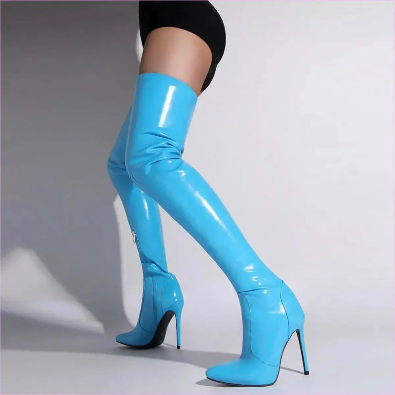 Bright Blue Slim Fitting Pointed-toe Long Stiletto Boots for Women