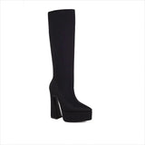 Bright Purple Unisex Knee High Platform Heel Pointed Boots in Satin Style