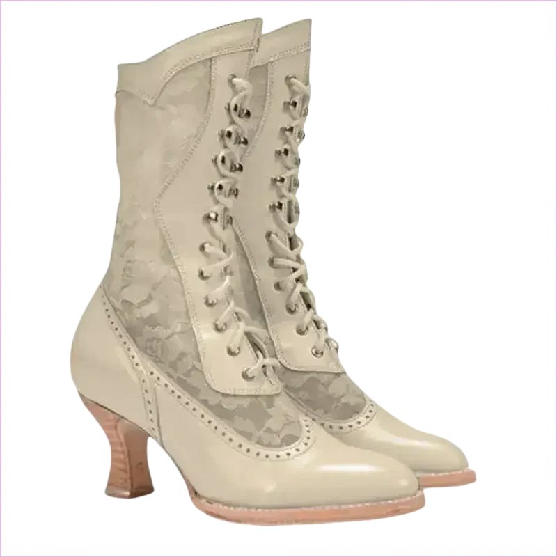 British Style Steampunk Lace-panelled Ladies Boots in White