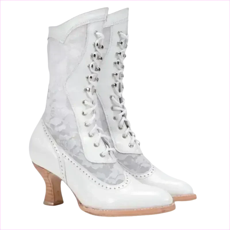 British Style Steampunk Lace-panelled Ladies Boots in White
