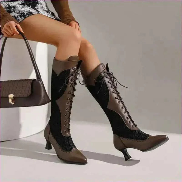 Brown and Black Victorian Style Steampunk Lace Pointed Toe Boots