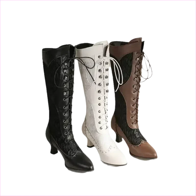 Brown and Black Victorian Style Steampunk Lace Pointed Toe Boots