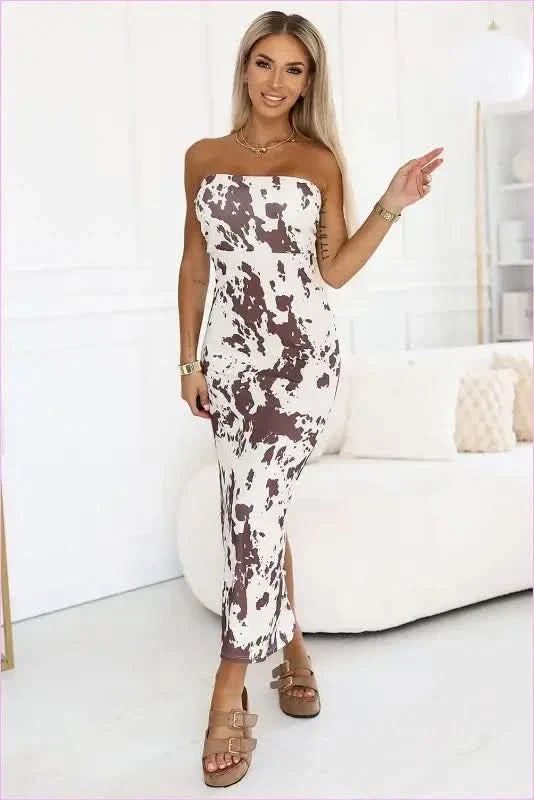 Brown and White Strapless Dress Unique Fashion Style