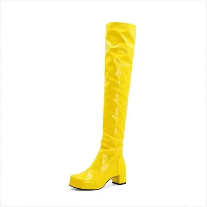 Candy Colours Block Heel Patent Leather Knee High Boots in Bright Yellow