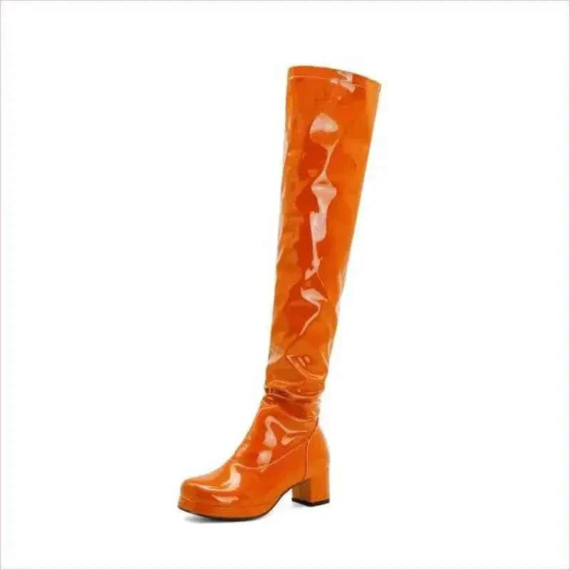 Candy Colours Block Heel Patent Leather Knee High Boots in Bright Yellow