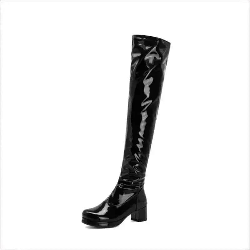 Candy Colours Block Heel Patent Leather Knee High Boots in Bright Yellow