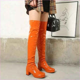 Candy Colours Block Heel Patent Leather Knee High Boots in Bright Yellow