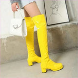 Candy Colours Block Heel Patent Leather Knee High Boots in Bright Yellow
