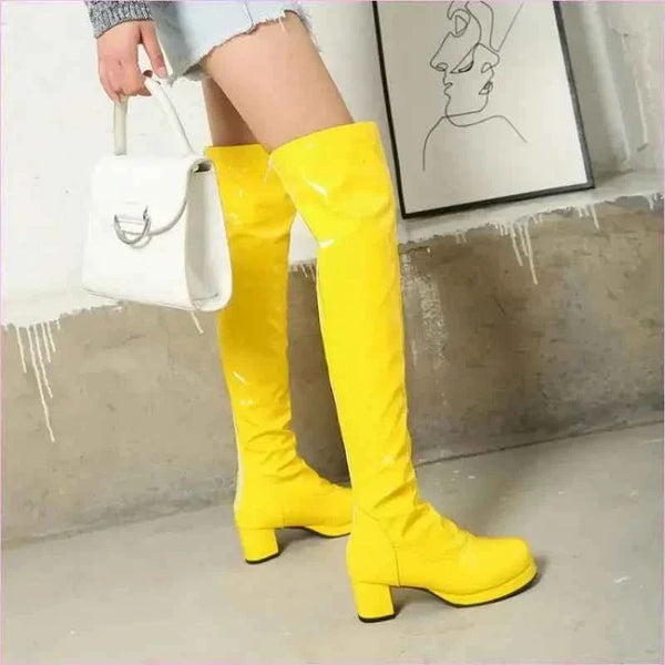 Candy Colours Block Heel Patent Leather Knee High Boots in Bright Yellow