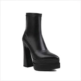 Chunky Black Platform Ankle Boots with Pointed Toe for Women