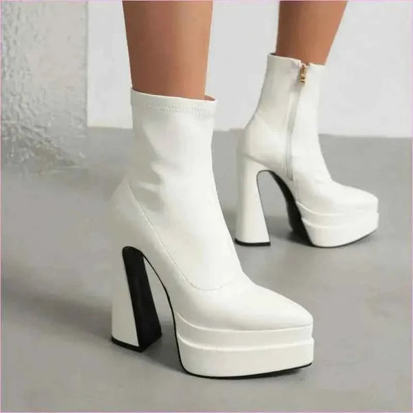 Chunky Black Platform Ankle Boots with Pointed Toe for Women