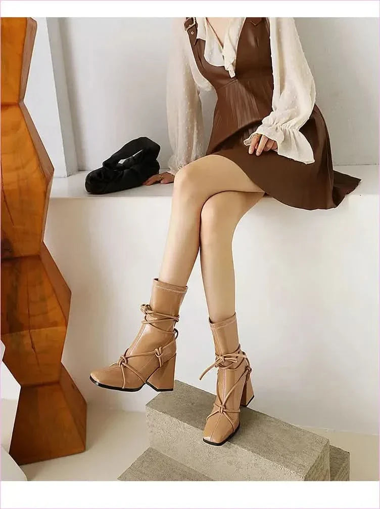 Chunky Heel White Square Head Womens Ankle Boots with Laces