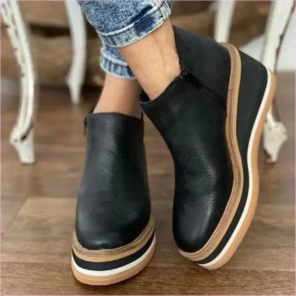 Chunky Platform Leather Surface Ankle Boots with Zipper Mid Heel
