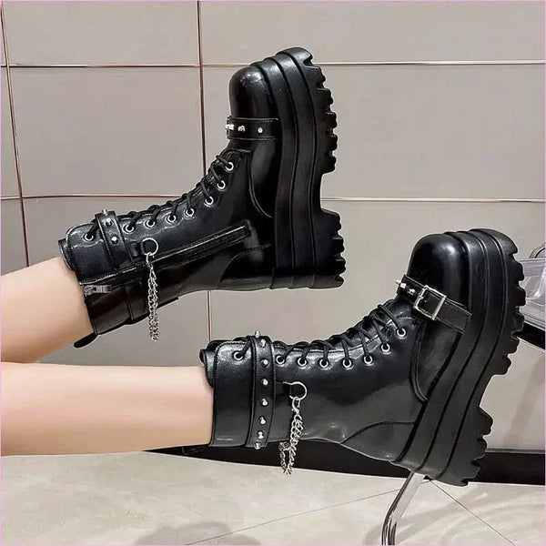 Chunky Women’s Punk Style Mid Length Boots with Studs and Chains