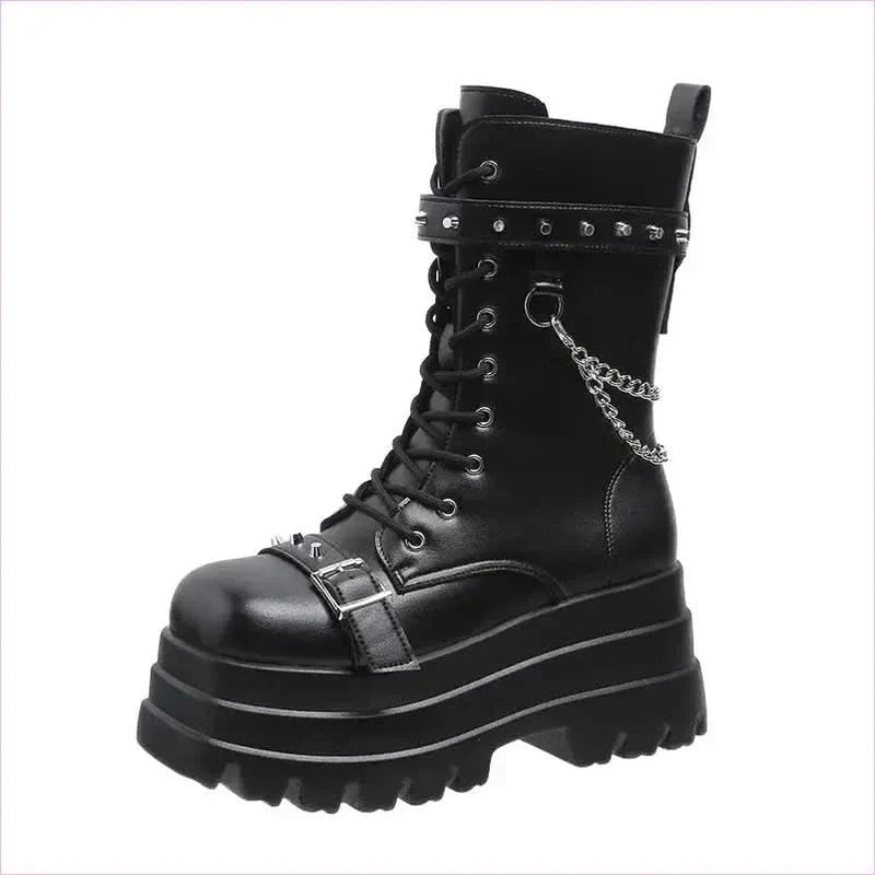 Chunky Women’s Punk Style Mid Length Boots with Studs and Chains
