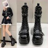 Chunky Women’s Punk Style Mid Length Boots with Studs and Chains