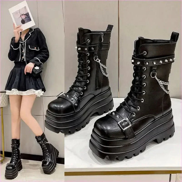 Chunky Women’s Punk Style Mid Length Boots with Studs and Chains
