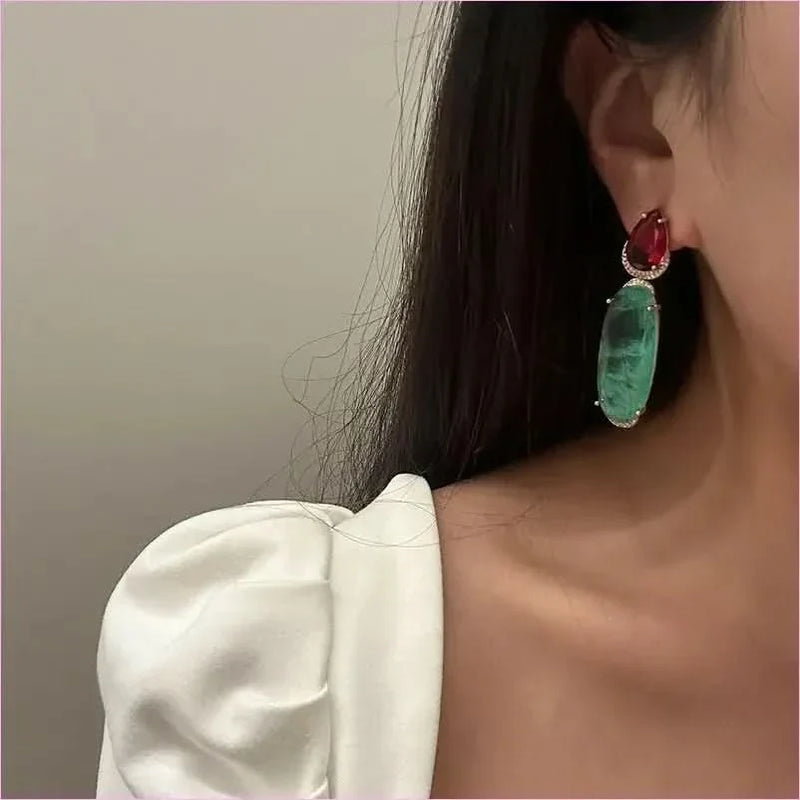 Colorful Diamond Forest Style Earrings with French Retro Geometry Design