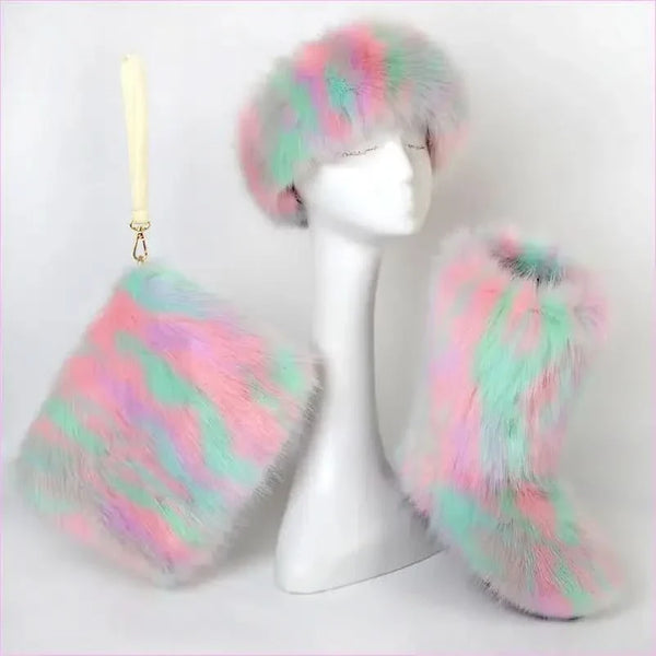 Colorful Padded Imitation Fur Women’s Snow Boots and Hat Set
