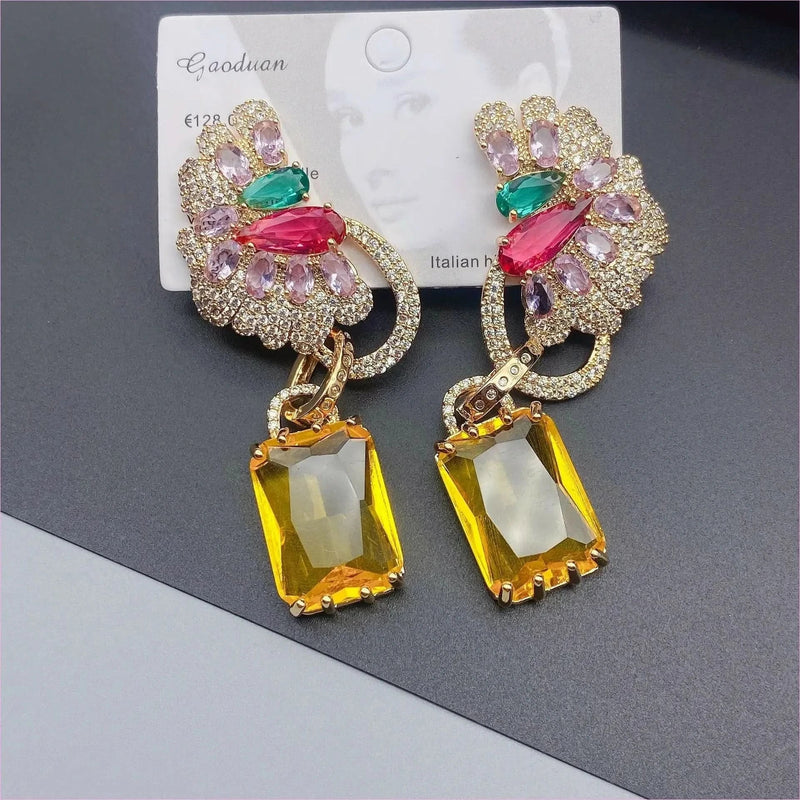 Colorful Rhinestone Precision Micro Inlaid Gold-toned Earrings