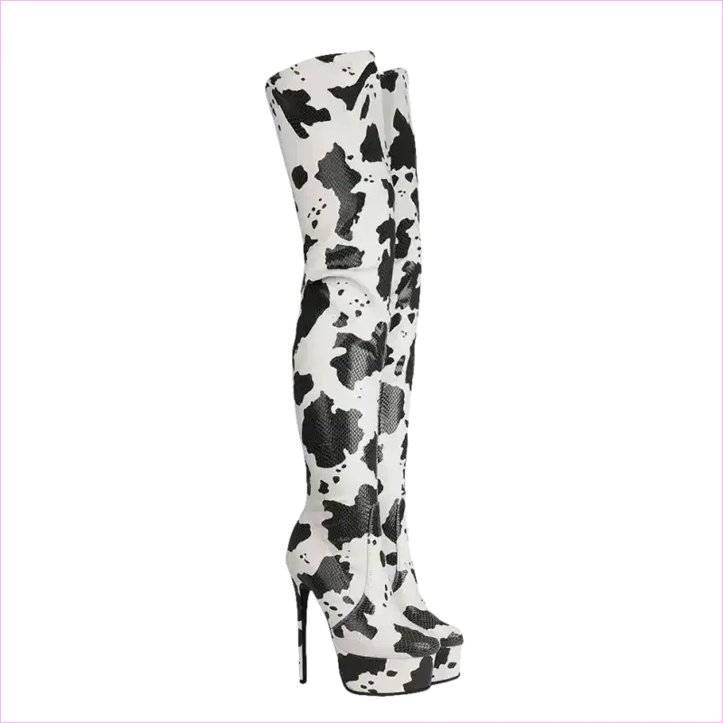 Cow Print Thigh Length Platform Boots for Standout Style