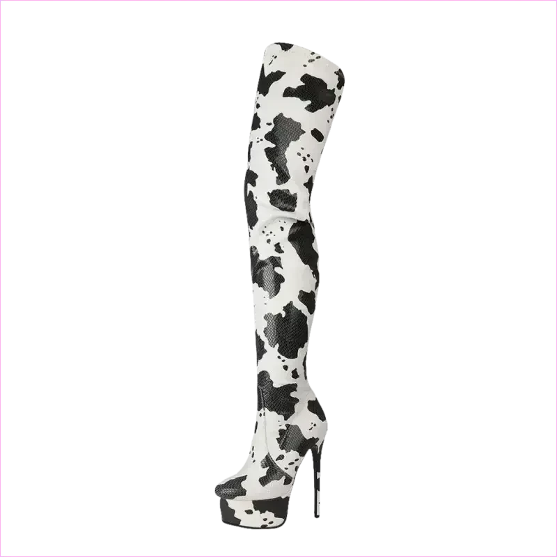 Cow Print Thigh Length Platform Boots for Standout Style
