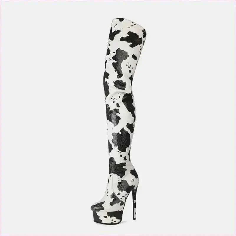 Cow Print Thigh Length Platform Boots for Standout Style