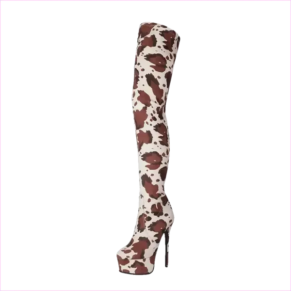 Cow Print Thigh Length Platform Boots for Standout Style