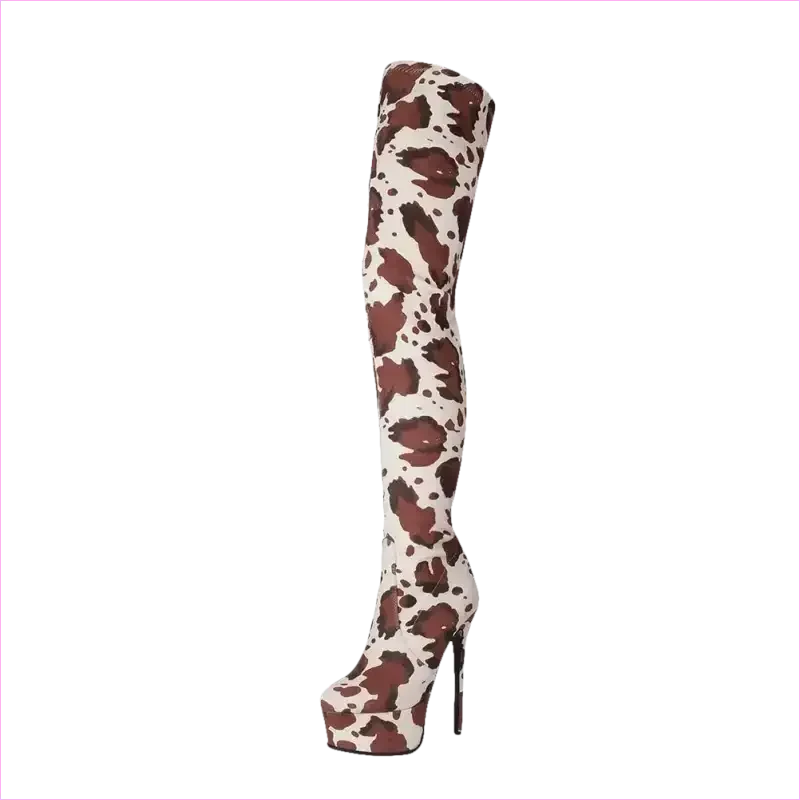Cow Print Thigh Length Platform Boots for Standout Style