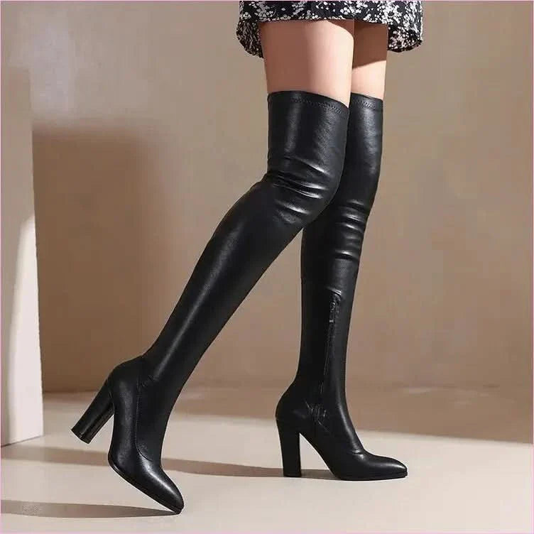 Cream Thigh-high Knee Boots with Pointed Toe in Unisex Large Sizes
