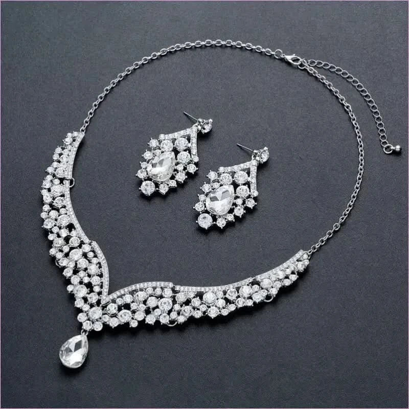 Crystal Waterdrop Rhinestone Crown Bridal Set with Tiara and Jewelry
