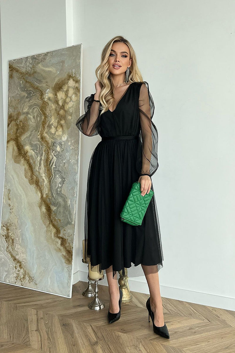 Bicotone Evening Midi Dress | Chic Layered Skirt & Feminine Style
