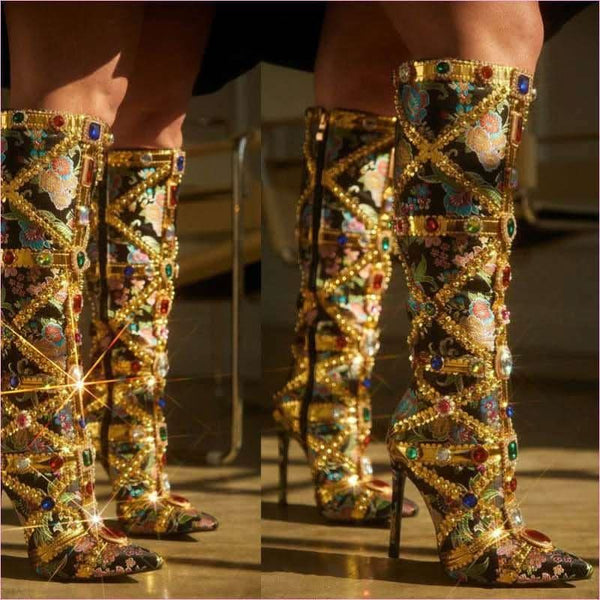 Dazzling Rhinestone Encrusted High Heel Boots for Modern Style