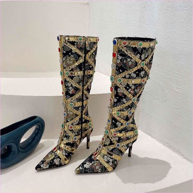 Dazzling Rhinestone Encrusted High Heel Boots for Modern Style