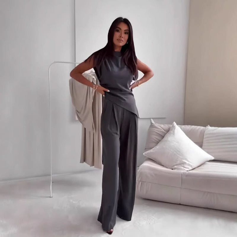Women's Sleeveless Suit Fashion Slim Irregular Split Top And Straight Pants Solid Trouser Set