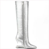 Edgy High Heel Boots with Shark Teeth Pointed Stone Pattern