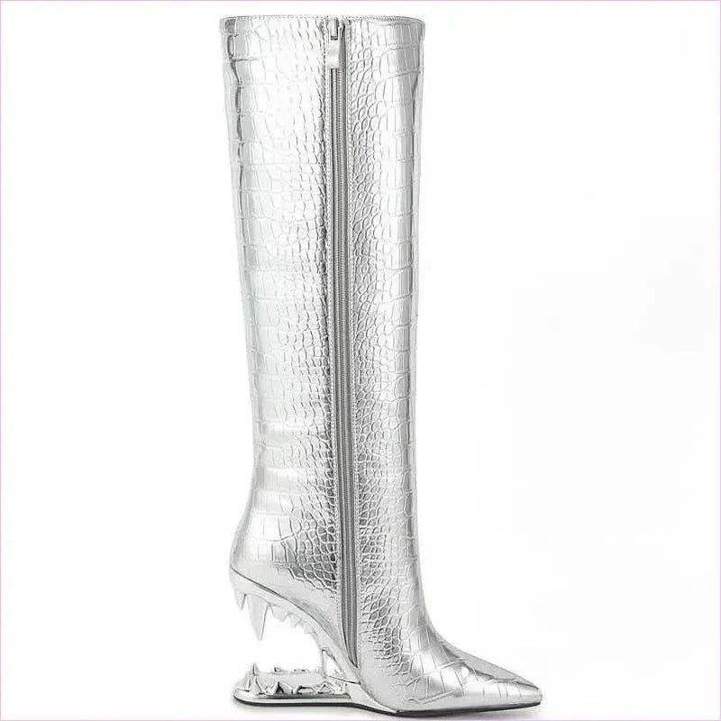 Edgy High Heel Boots with Shark Teeth Pointed Stone Pattern