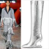 Edgy High Heel Boots with Shark Teeth Pointed Stone Pattern