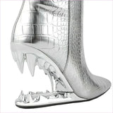 Edgy High Heel Boots with Shark Teeth Pointed Stone Pattern