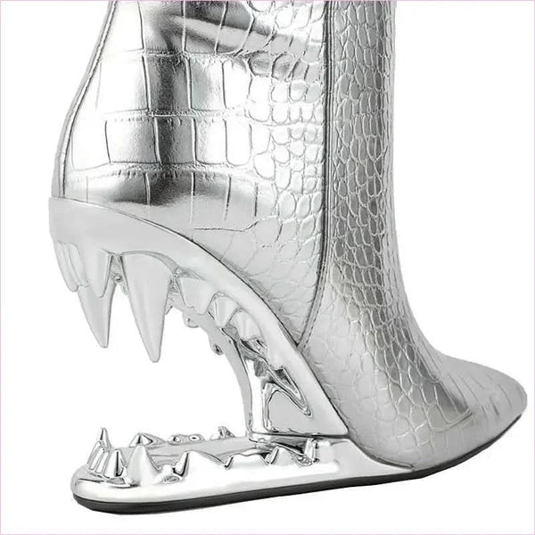 Edgy High Heel Boots with Shark Teeth Pointed Stone Pattern