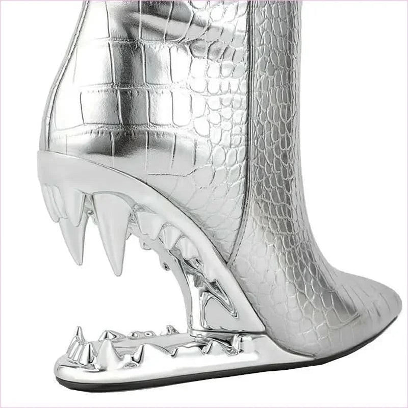 Edgy High Heel Boots with Shark Teeth Pointed Stone Pattern
